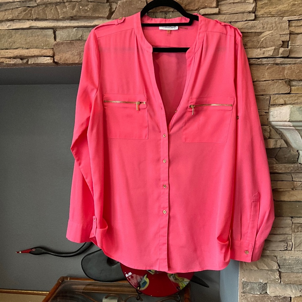 CALVIN KLEIN WOMENS M PINK MILITARY INSPIRED SHEER GOLD ZIPPER ROLL TAB BLOUSE